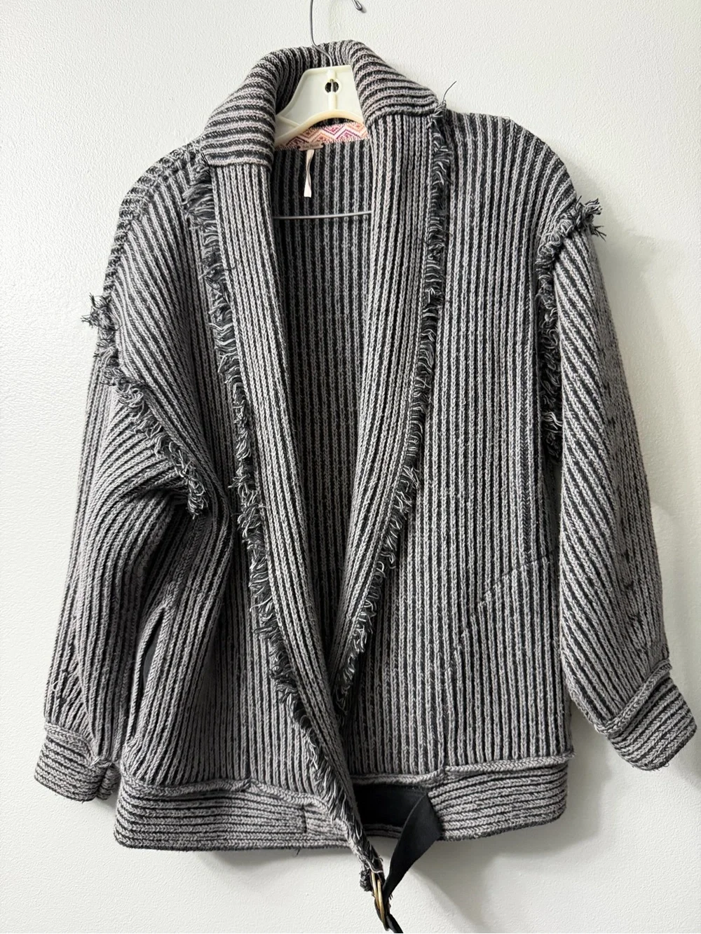 Free People Stand By Me chunky ribbed knit cardigan shawl collar with raw fringe